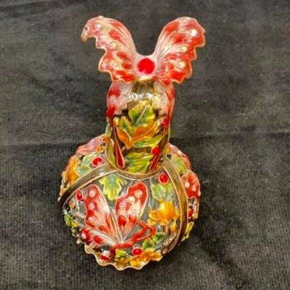 Other - Butterfly Cloisonne Perfume Bottle in Red and Pink with a Floral Motif Design
